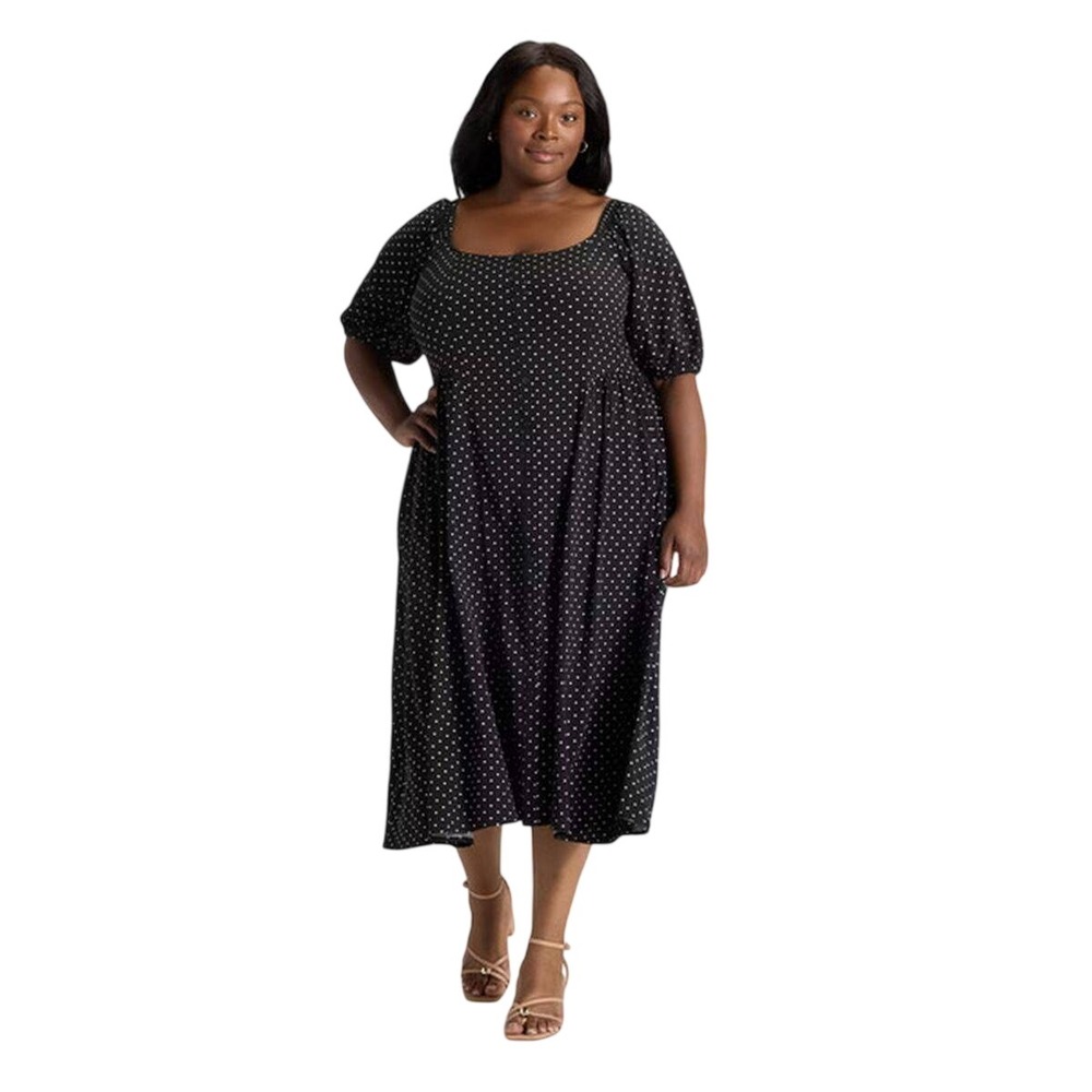 Ava & Viv Women's Black Polka Dot Puff‎ Sleeve Button Front Midi Dress Size 2X